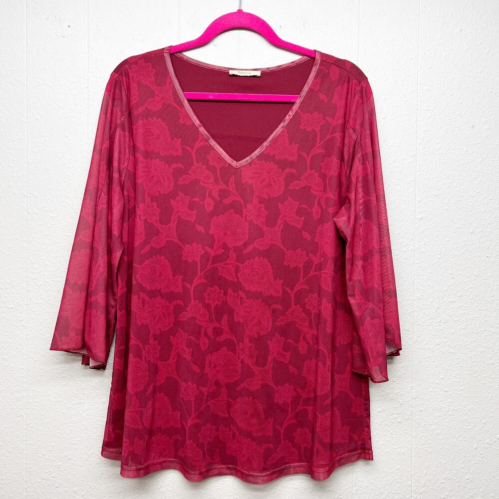 Bebonnie Floral 3/4 Sleeve Red Mesh Top Women XL V-Neck Stretch Dressy Work